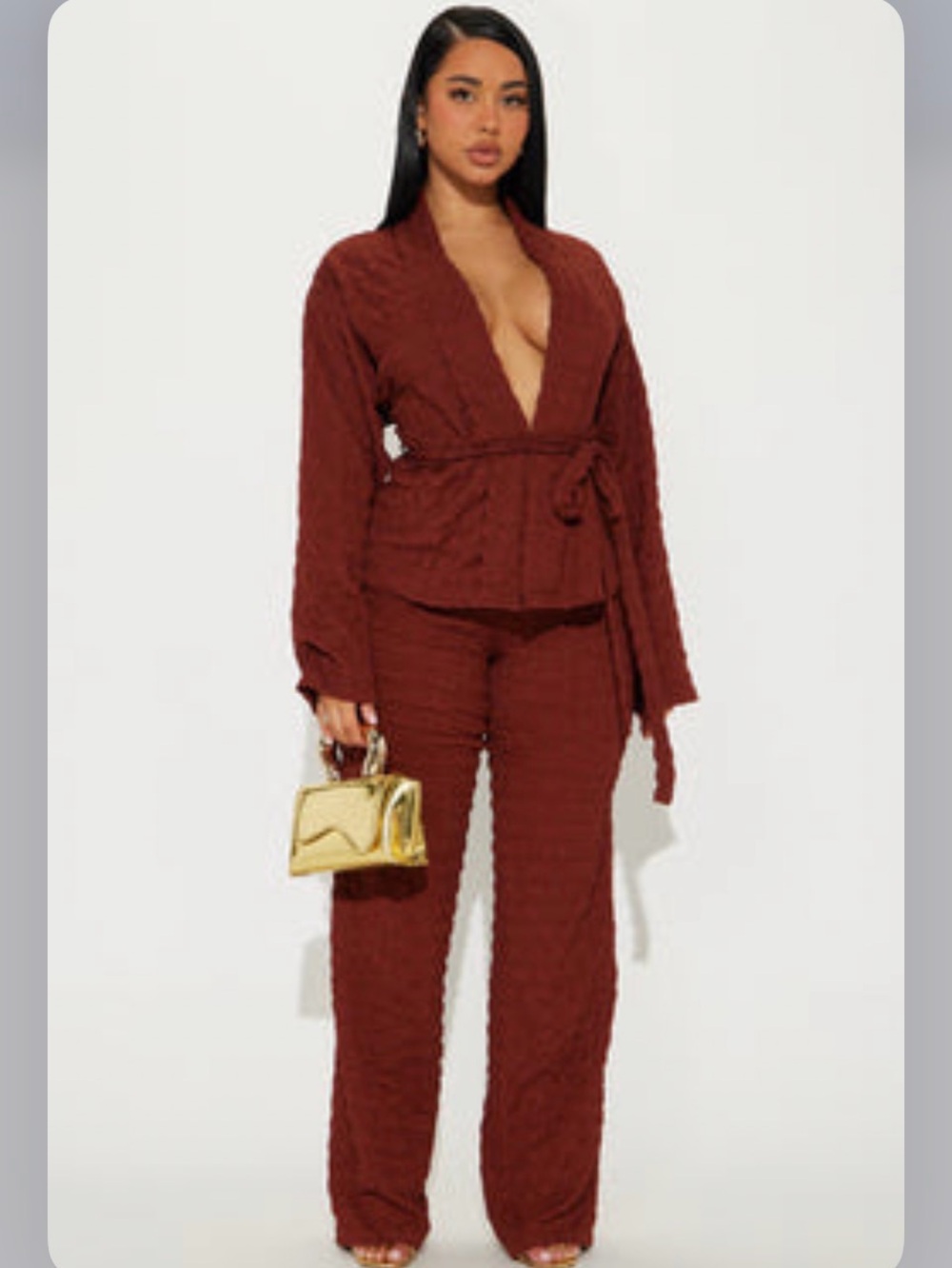 Women's Rust Brown Wrap Top & Wide-Leg Pants Set